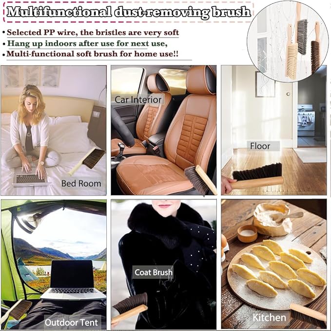 6Pcs Hand Broom Brush Beech Wood,Dust Brush,Duster for Counter,12inch Foxtail Bench Brush, Round Handle Handheld Brushes,5 Rows Soft Bristles for Bed,Shop Table,Woodworking Cleaning,Car,Sofa