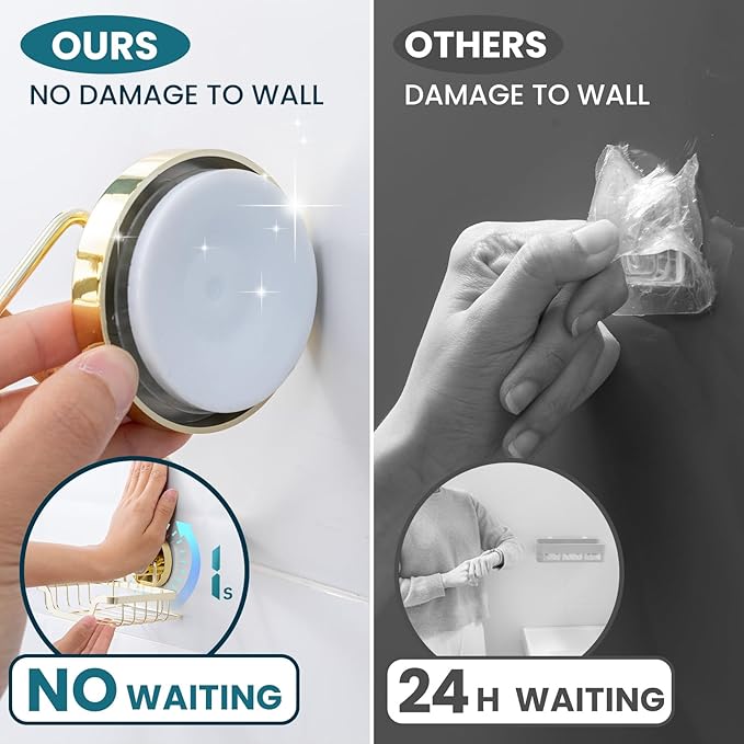 TAILI Soap Holder Bar Dish Suction Cup, Bar Shampoo Rack for Shower Wall, Draining Soap Saver Tray for Bathroom, Rustproof Stainless Steel Sponge Holder for Tub, Kitchen, Drill-Free, Gold