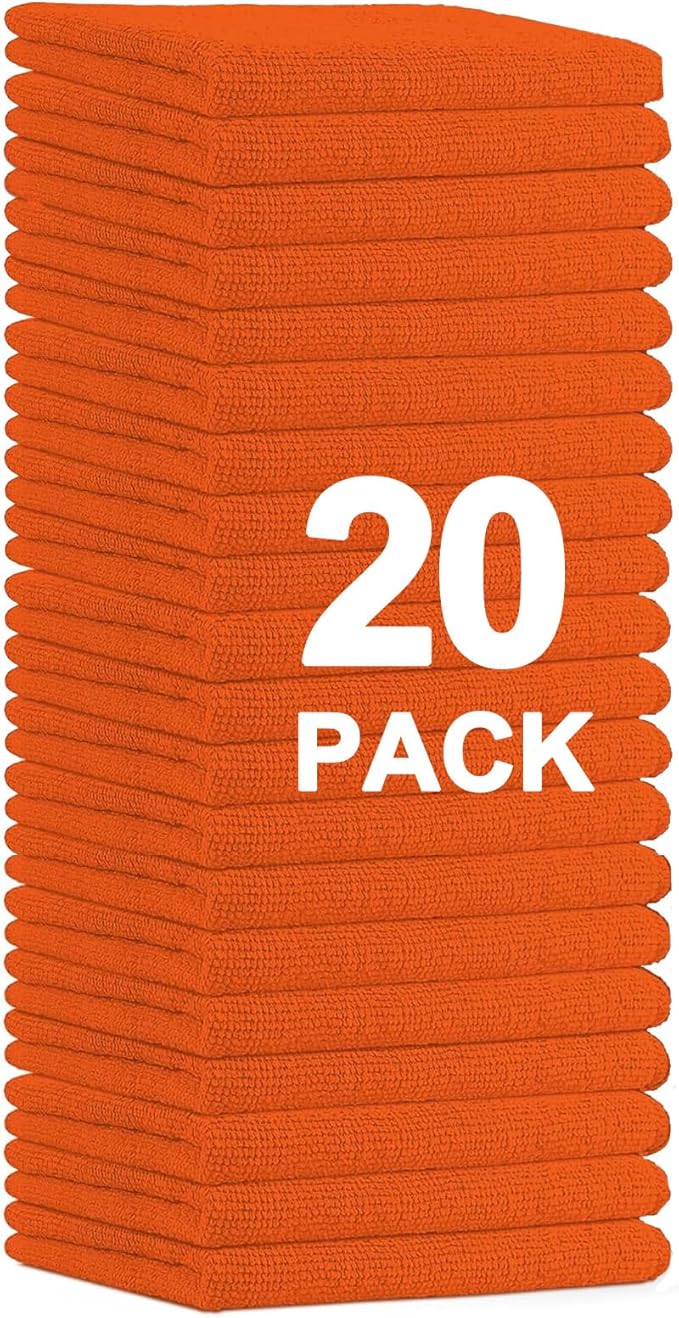 MRD's Home 20Pack Microfiber Cleaning Cloth in Bag,Multi-Purpose Reusable Cleaning Wipes Rags,Lint Free,Scratch & Streak-Free Cloth for Car,Small Microfiber Towels for House Wash,12" x 12"(Orange)