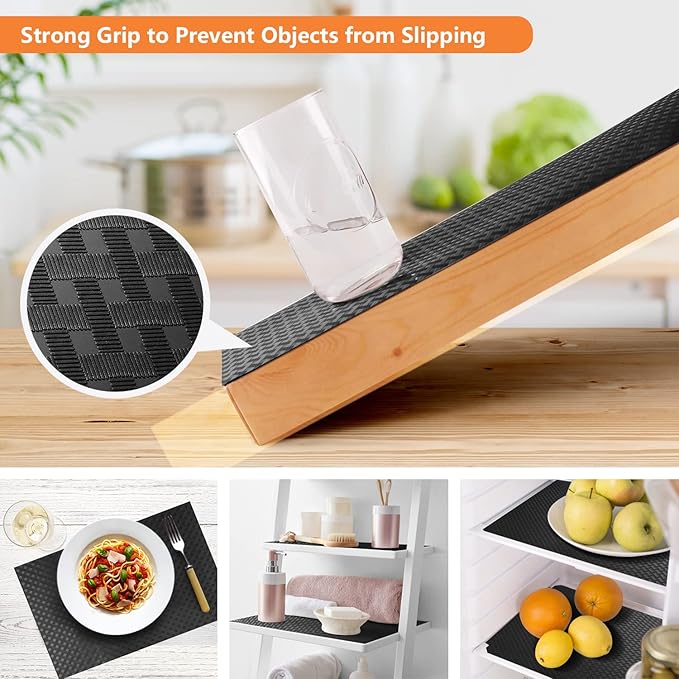 Shelf Liners for Kitchen Cabinets Refrigerator Liners Waterproof Kitchen Cupboard Liner Non-Slip Drawer Mats EVA Material Non Adhesive Fridge Liner for Shelves - Black(17.5 x 236.2 Inches x 2 Rolls