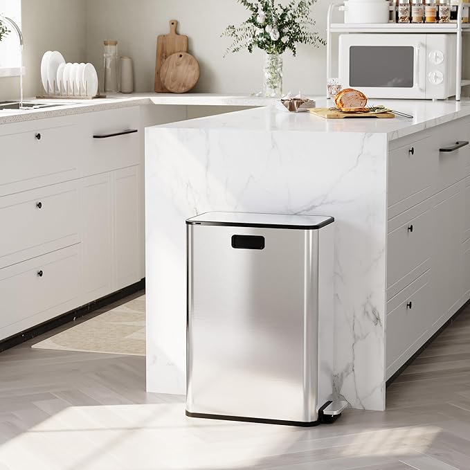 2 x 7.4 Gal (2 x 28L) Slim Trash Can, Stainless Steel Dual Compartment Step-On Recycling Bin with Butterfly Lids & Removable Plastic Inner Buckets for Kitchen, Home, Office
