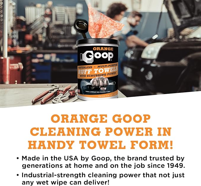 GOOP Orange Heavy Duty Ruff Towels with Scrubbing Power, 10โ x 12โ Dual Textured Multi-Purpose Cleaning Wipes, Removes Dirt, Grease, Oil, 72 Count