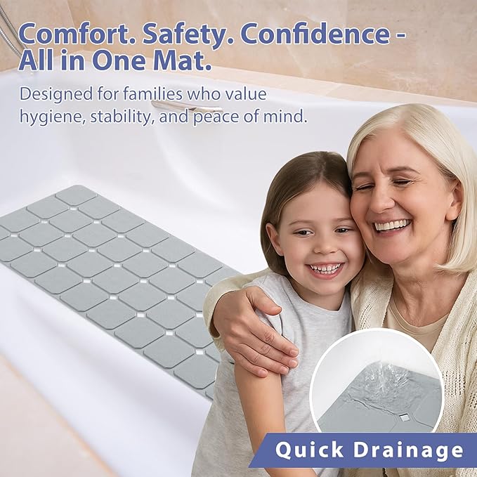 Bathtub Mat Non Slip Silicone Foldable Extra Long Tub Mat Strong Suction Cups & Large Drain Holes, Durable,Machine Washable for Smooth Surfaces Shower Mat, Ideal for Families Beige,15"x40" Grey