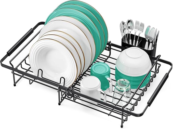 Dish Drying Rack in Sink - Expandable (14.5''-18''L) Over The Sink Dish Rack with Utensil Holder, Space-Saving Dish Drainer for Kitchen Counter, 1 Piece, Matte Black