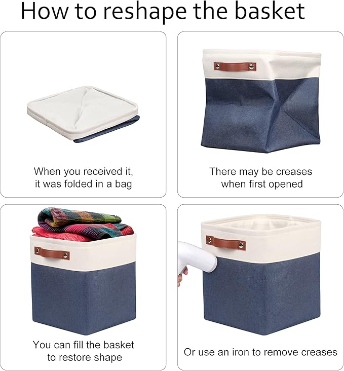 Univivi Fabric Cube Bins Set of 4 Storage Baskets with PU Handles for Home Closet Foldable Storage Bins (Blue, 10.5" x 10.5" x 11")