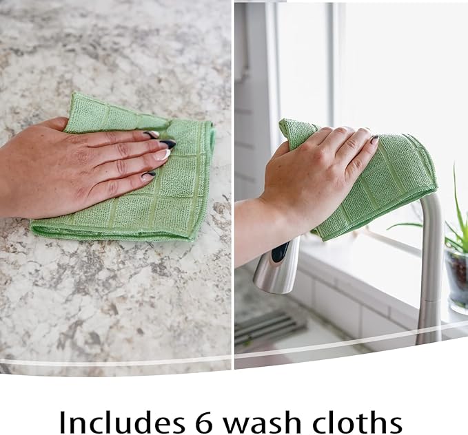 Don Aslett's 12 Piece Microfiber Kitchen Set | 6 Multi-Purpose Wash Cloths, 3 Super Absorbent Kitchen Towels, 3 Scratch-Free Sponges | Lint Free | Green