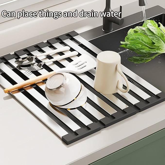 Foldable Dish Drying Rack, Over The Sink Dish Drying Rack ,Dish Drying mat,Dish Drying mats for Kitchen Counter,Stainless Steel Multifunctional mat (23.62×12.8in)