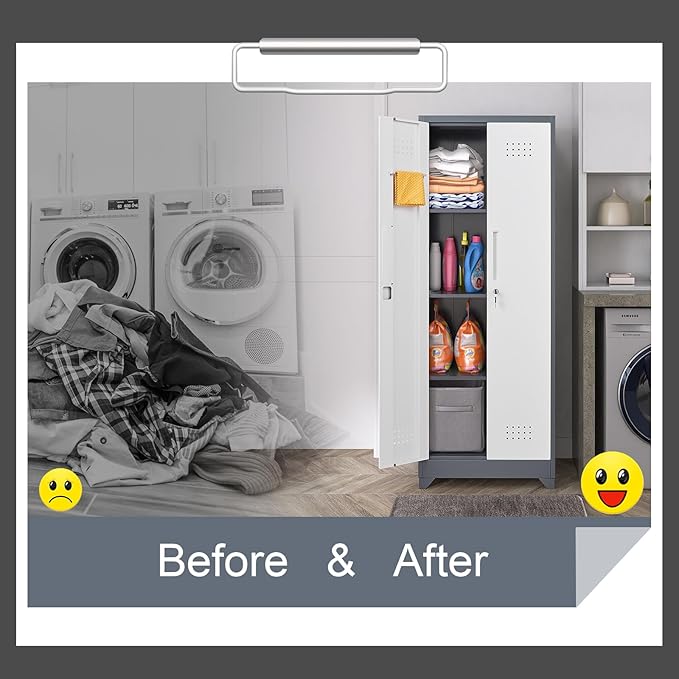 Broom Closet, Metal Storage Cabinet with Hanging Rod, 65" Broom Tool Organizer, Metal Cabinet with Doors and Shelves, Tall Cleaning Storage for Home, Office, Garage, Balcony