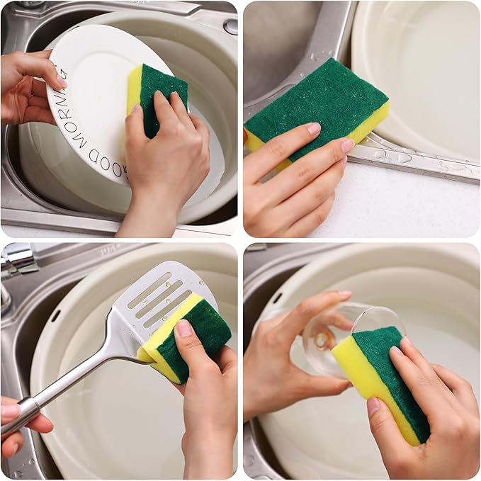 Tanlade 60 Pcs Individually Wrapped Sponge Dishwashing Sponge Bulk Non Scratch Scrub Sponges Kitchen Scouring Pad for Household Cleaning Rental Dishes Hotel Apartment Car (Yellow,Green)