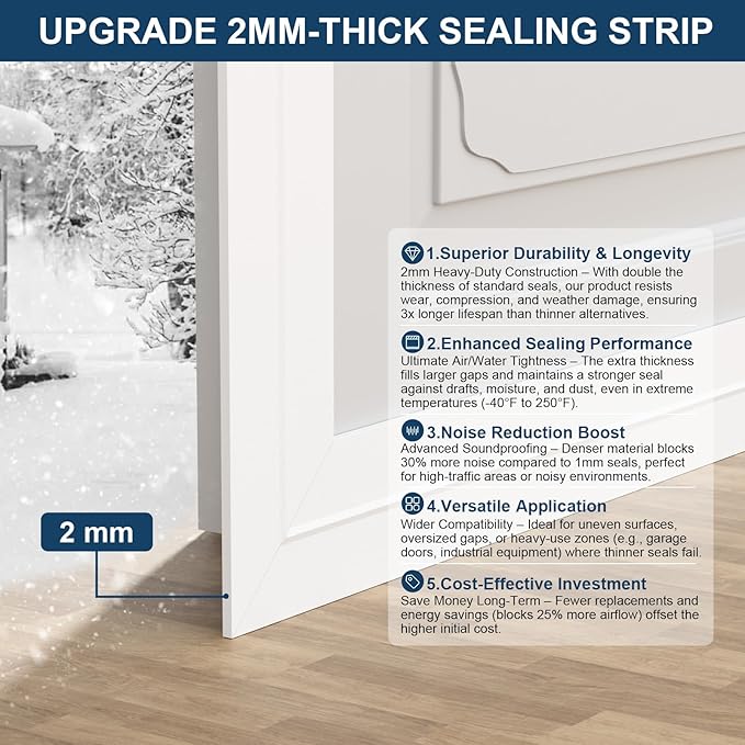 Heavy-Duty 36 ft x 3 in Weather Stripping, Extra Thick 2mm Door Draft Stopper Silicone Seal Strip for House and Glass Shower Doors for Collision and Side Gaps of Door and Windows, White