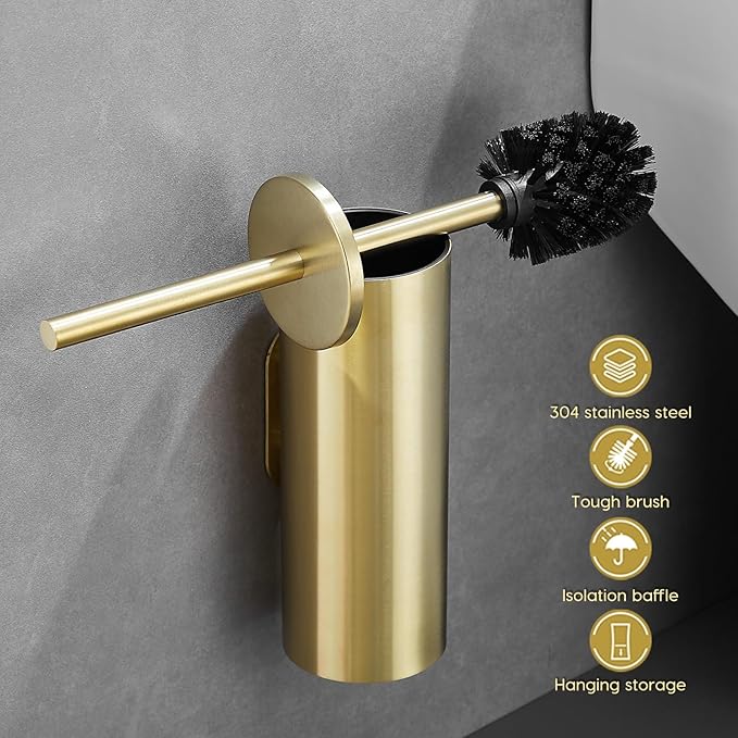 Gold Brushed Stainless Steel Toilet Brush and Cover, No-Punch Hook Base Dual Purpose Toilet Brush Holder with Removable Inner Bucket and Splash Cover - Soft Bristles (Brushed Gold)