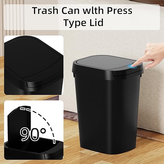 3 Pack Bathroom Small Trash Can with Lid, 2.6 Gallon Slim Garbage Bin with Pop-Up Lid, 10L Plastic Wastebasket for Bedroom, Office, Kitchen, Toilet (Matte Black)