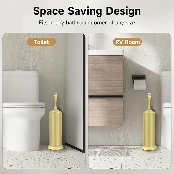 Gold Toilet Brush and Holder,Extra Long Handled Toilet Brush for Bathroom,Stainless Steel Heavy Duty Toilet Bowl Brush,Deep Cleaning Modern Toilet Cleaner Brush -Space Saving, Covered Brush, Durable