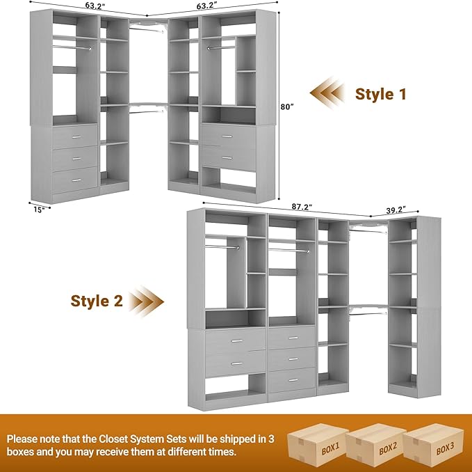 Corner Closet System with 5 Drawers, Closet Organizer System with 15+Shelvess & 4 Hanging Rods, 63.2"L * 63.2"W / 87.2"L * 39.2"W Reversible L Shaped Walk-in Closets, Load 2500+LBS, Grey