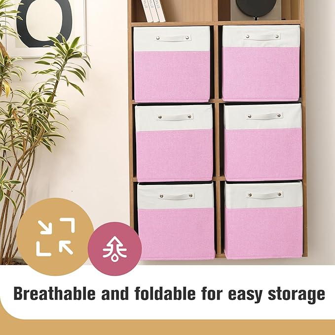 13 x 13 Inch Fine Linen Storage Bins with Handles,Fabric Cube Boxs,Collapsible Basket Organizers for Shelves for Home, Closet Drawers (White/Pink-4 Pack)