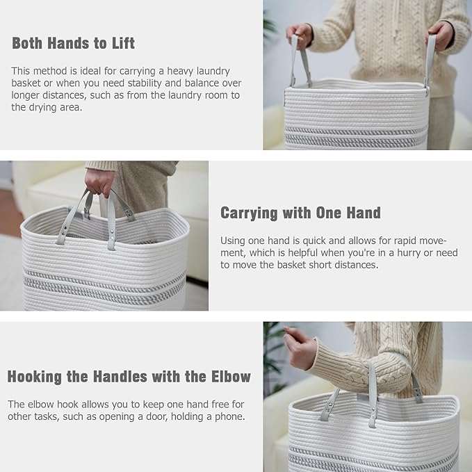 danpinera 100L Nursery Hamper, Tall Woven Laundry Basket with Long Leather Handles, Boho Laundry Hamper for Living Room & Bedroom, Eco-friendly & Convenient Decorative Storage Basket White & Gray