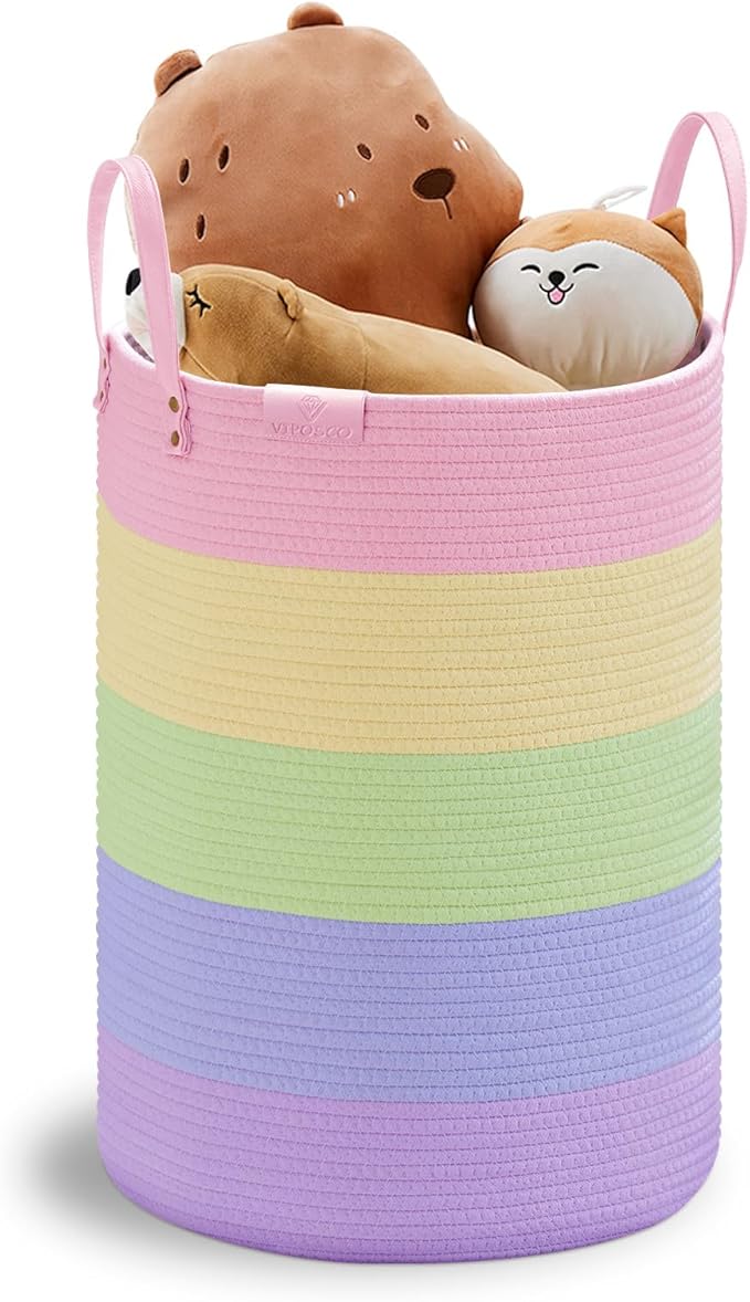 VIPOSCO Tall Laundry Basket, Large Dirty Clothes Hamper with Leather Handle, Woven Rope Storage Basket for Blanket, Toy In Living Room, Bathroom, Bedroom - 72L Rainbow