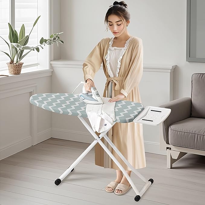 Ironing Board,Foldable Ironing Board Adjustable Height Compact Iron Board Thick Steel Tube Iron Board with Holder,Replacing Cloth Cover and Mini Handheld Gloves(Blue Waves)