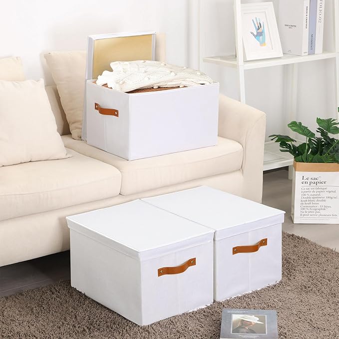 Fabric Storage Bins, 7.1 x 9.1 x 13 Inch Clothes Boxes for Shelves with Lids, Baskets for Organizing with Handles, Decorative Linen Closet Organizers, White, 3 Pack