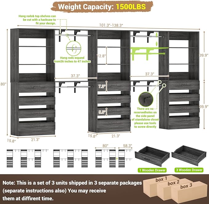 Aheaplus Closet System Set of 3, 138.5" Wood Closet Organizer System Tower with 12 Drawers & 4 Hanging Rods, 6.7+4.85Ft L Shaped Walk-in Closets Wardrobe Organizer Garment Rack with Shelves, Black Oak