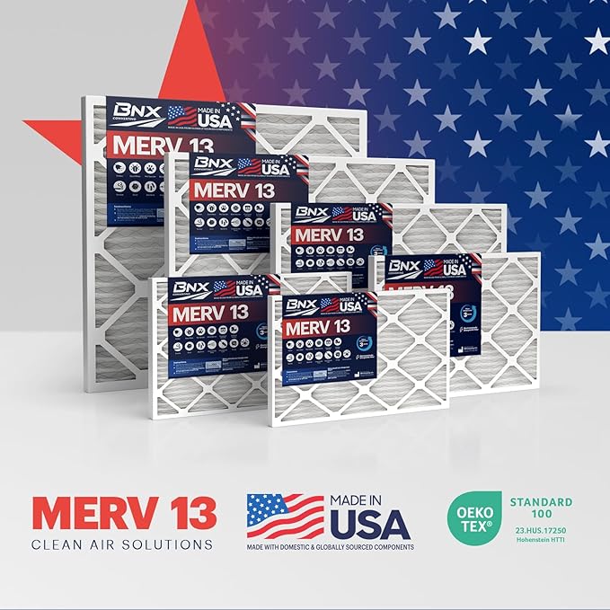 BNX TruFilter 18x18x1 Air Filter MERV 13 (4-Pack) - MADE IN USA - Electrostatic Pleated Air Conditioner HVAC AC Furnace Filters for Allergies, Pollen, Mold, Bacteria, Smoke, Allergen, MPR 1900 FPR 10