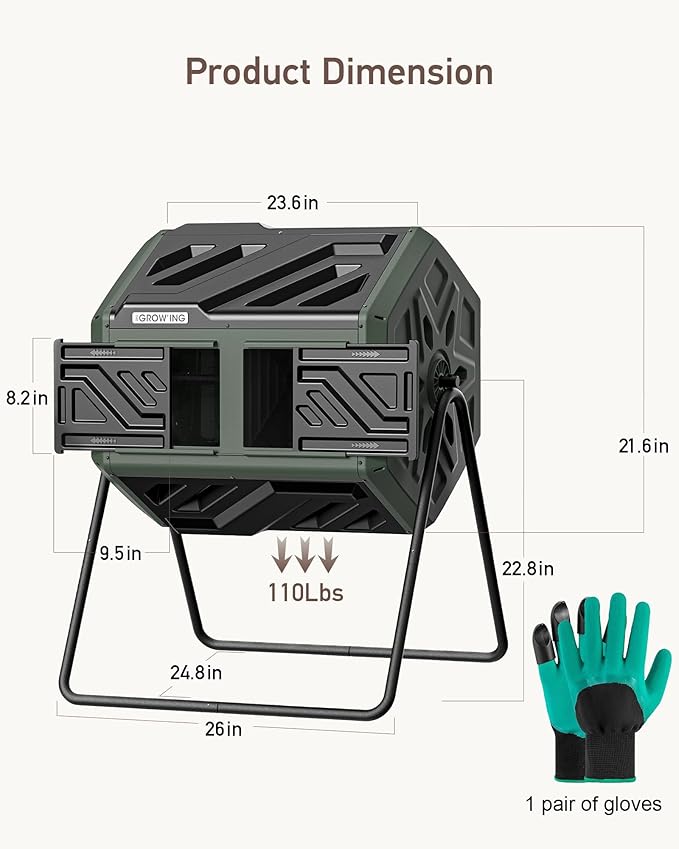THEGROW'ING Updated 43 Gallon Compost Bin Outdoor, Fast Assemble Tumbling Composter, Dual Chamber Composter Tumbler, Rotating Compost Bin for Outside, Backyard, Garden and Yard, Green