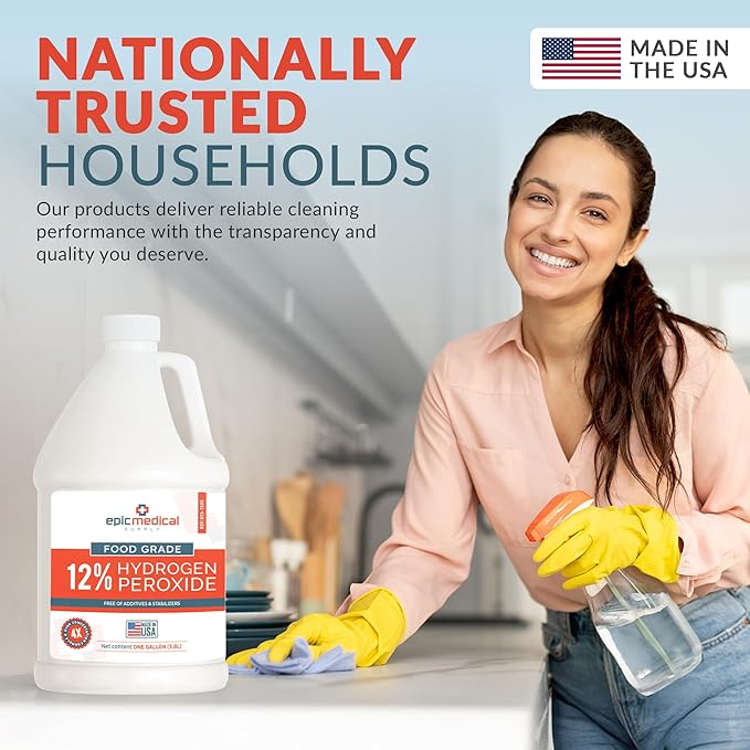 12% Food Grade Hydrogen Peroxide – Ultra-Concentrated H2O2 Peroxide Cleaner – 1 Gallon Bottle – Bleach Alternative for Household Cleaning, Laundry, Glass & More – Made in USA (2)