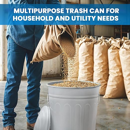 Plexon Round Trash Can 13 Gallon, Vintage Metal Outdoor Trash Can with Lid, Retro Farmhouse Garbage Container, Old School Modern Ash Bucket, Gray 3 Pack