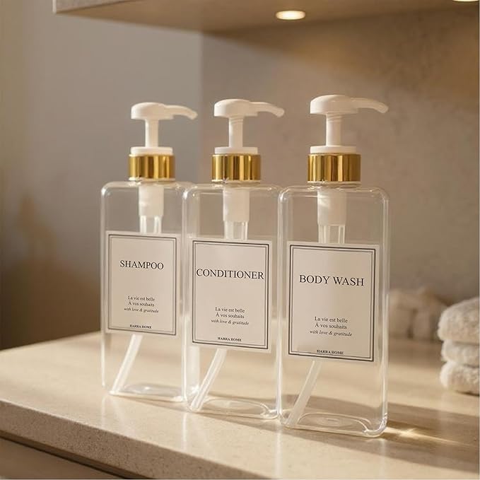Modern Gold Design Large 27 oz Shampoo and Conditioner Dispensers - Empty Plastic Refillable Pump Bottle Set for Bathroom Shower Soap Dispenser, Set of 3 (Clear & White)
