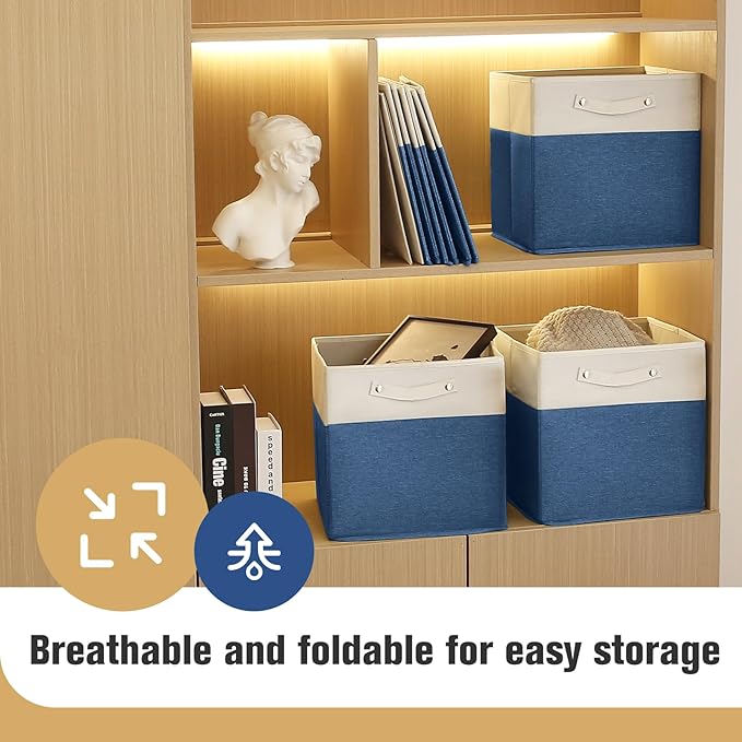 13 x 13 Inch Fine Linen Storage Bins with Handles,Fabric Cube Boxs,Collapsible Basket Organizers for Shelves for Home, Closet Drawers (White/Blue-6 Pack)