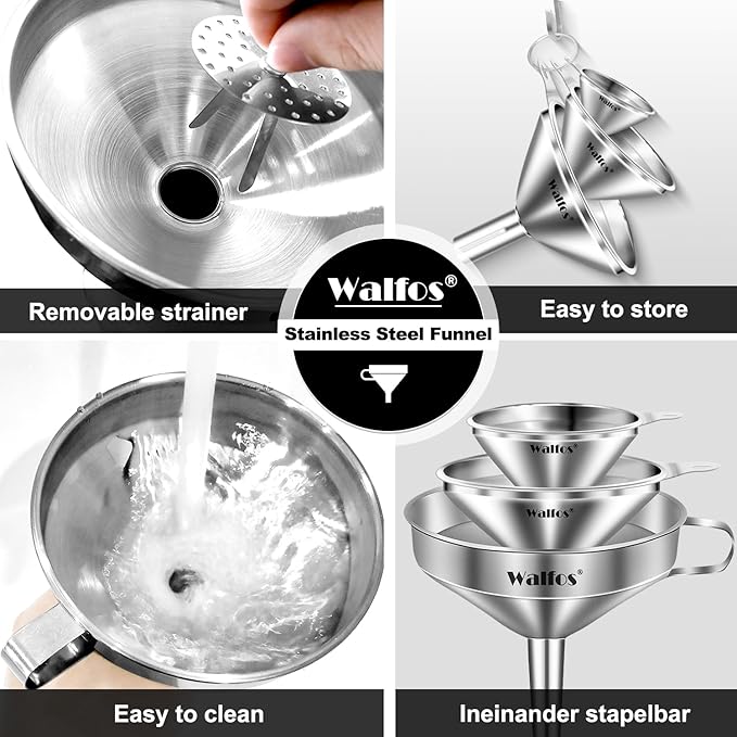 Stainless Steel Funnel, Walfos 3 Different Sizes of Kitchen funnels with 2 Removable Strainer & 1Pcs Cleaning Brush, for Transferring of Liquid, Oils, Jam, Powder