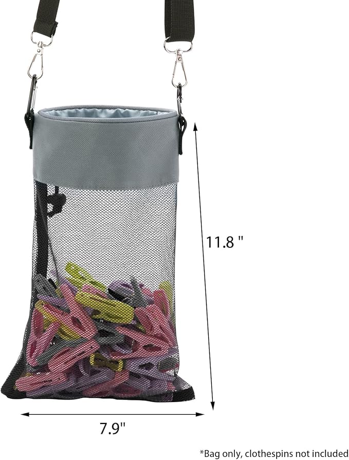 Mesh Clothespin Bag with Hooks Hanging Clothes Pin Bag with Drawstring Closure Clothespin Holder, Ventilation and Moisture Resistance, Storage Organizer, Machine Washable (Gray)