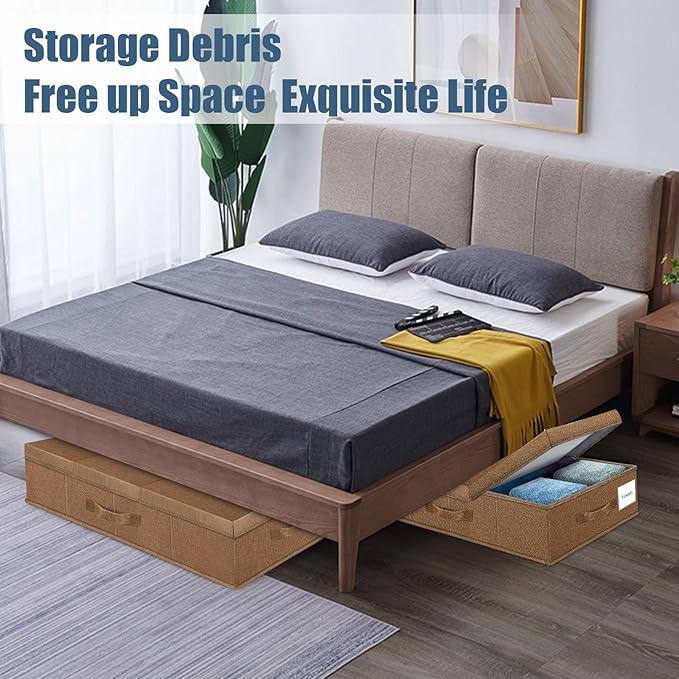 Underbed Storage Containers Bin with Lids (2pcs) Large Under Bed Storage Organizer Box with Handle, Foldable Under the Storage Bags for Organizing Clothes, Shoes, Blankets, Pillows-Dark brown