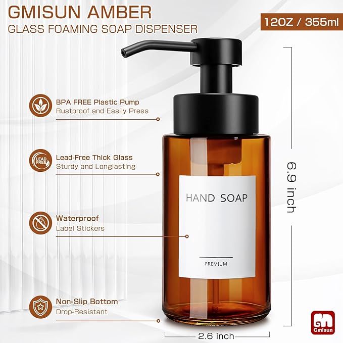 GMISUN Glass Foaming Soap Dispenser, 10 Fl oz / 300ml Amber Glass Soap Dispenser for Bathroom & Kitchen, 2 Pack Modern Refillable Foam Hand Soap Dispensers, Bathroom Hand Soap Dispensers with Labels