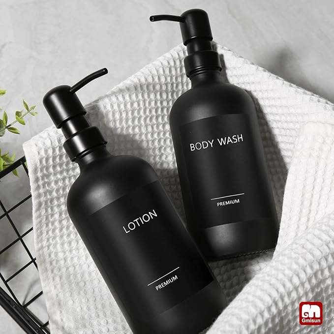 GMISUN Black Soap Dispenser, 2 Pack Matte Black Hand Soap Dispensers Bathroom with Stainless Steel Pump, 17 Fl Oz Glass Dish Soap Dispenser Set for Kitchen, Modern Liquid Soap Bottle with Labels