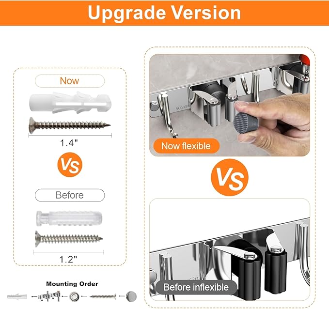 Broom and Mop Organizer Wall Hanging, Upgraded Mop and Broom Holder Wall Mount, Stainless Steel Broom Hanger Wall Mount for Laundry Room Organization and Storage(5 Racks with 4 Hooks)