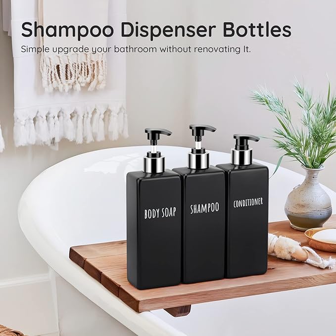 Segbeauty Shower Soap Dispenser Black, 3pcs 16.9oz Empty Refillable Bathroom Press Pump Bottles, 500ml Reusable Plastic Square Shampoo Conditioner Body Soap Dispenser Set for Modern Kitchen Home Decor