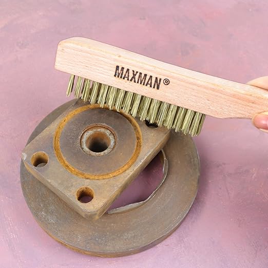 MAXMAN Brass Brush, Heavy Duty Brass Wire Brush Set 2Pcs, Metal Brush, Wire Brushes for Cleaning Rust with 10" Curved Beechwood Handle