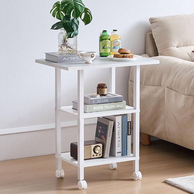Lerliuo White 3 Tier Printer Stand with Storage, Printer Table for Home Office, Wooden Rolling Printer Cart Shelf with Lockable Wheels fit Fax Machine, Scanner
