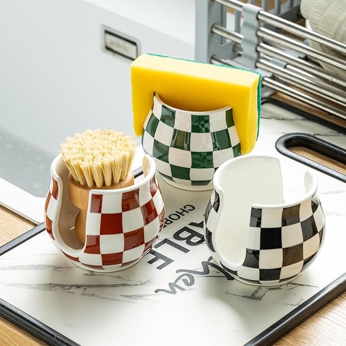 Kitchen Sponge Holder, Ceramic Sponge Organizer Checkered Scrubby Holder Sink Caddy Scrub Dish Rack for Kitchen, Bathroom, Sink Decor, Green and White