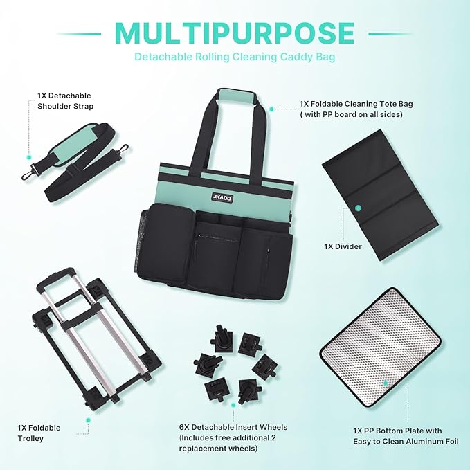 Large Rolling Cleaning Caddy Bag with Detachable Trolley, Waterproof Cleaning Caddy on Wheels for Housekeepers, Cleaning Cart Supplies Organizer for Home,Car,Office,Picnic (Blue-Green) (Patent)