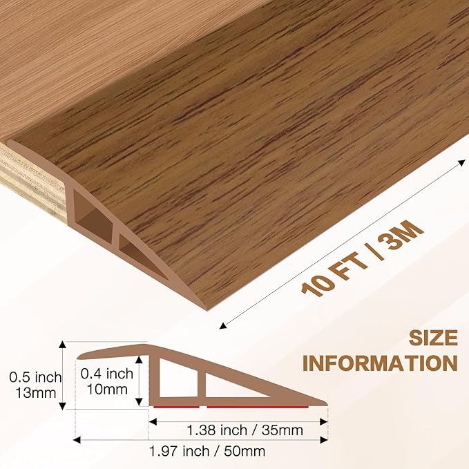 Floor Transition Strip Vinyl Door Threshold Ramp Self Adhesive Carpet Edging Strip Doorway Edge Trim, Overlap Edge Reducer for Laminate Carpet, Floor, Tile (Orange Oak, 1/5" to 2/5", 10Ft)