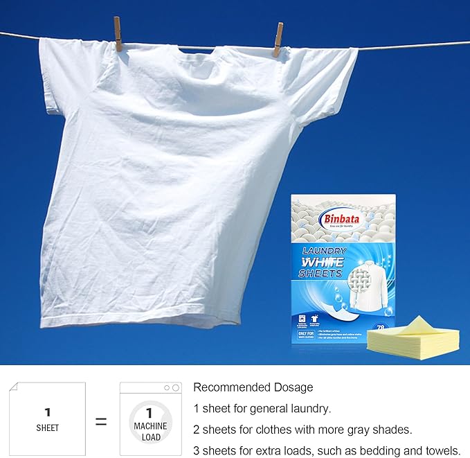 Eco Laundry Whitener Sheets 78 Count โ Binbata Unscented High Concentrated Laundry Bleach, Effectively Remove Yellowing & Greying, Safe for Sensitive Skin, Available in all Washing Machines