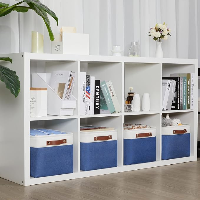 DULLEMELO Fabric Storage Basket for Closets,15x11x9.5 inch Foldable Storage Basket Bin with Handles for Office, Closet,Bedroom (White&Blue,1 Pack)