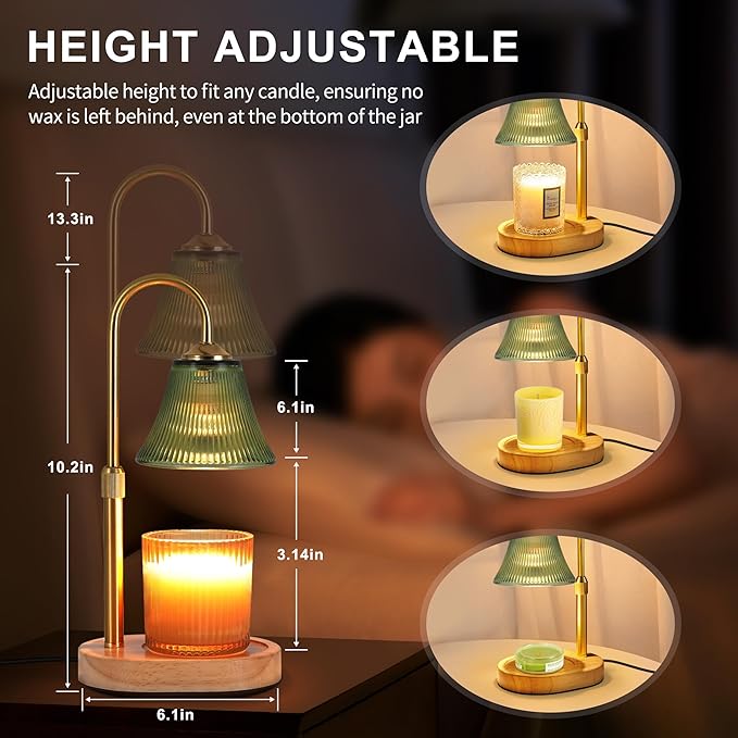 Candle Warmer Lamp, Height Adjustable Candle Warmer with Timer & Dimmer, Electric Candle Lamp with 2 50W Bulbs, Wax Melt Warmer for Scented Jar, Vintage Home Decor Glass Shade(Light Green)