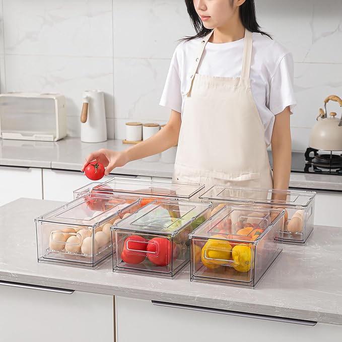 shopwithgreen Refrigerator Organizer Bins with Pull-out Drawer, Drawable Clear Fridge Drawer Organizer with Handle, Plastic Kitchen Pantry Storage Containers , 2 Pack, 3.7QT