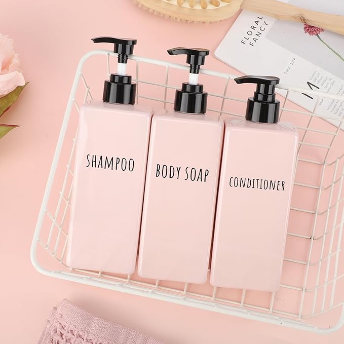 Segbeauty Refillable Shampoo and Conditioner Bottles, 3pcs 16.9oz Square Plastic Bathroom Soap Dispenser Set, 500ml Empty Shower Bottles Lotion Dispenser Press Pump Bottle for Modern Home Decor Pink