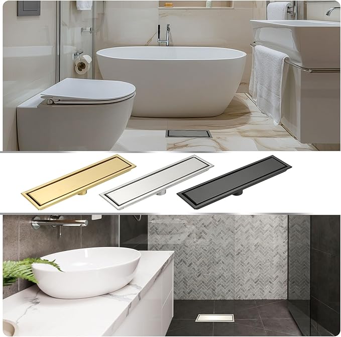 uxcell Rectangular Shower Drain, Brushed 304 Stainless Steel Odor-Proof Floor Drain Linear Shower Drain Hair Catcher for Bathroom Kitchen and Laundry Room(12 Inch, Brushed Silver)