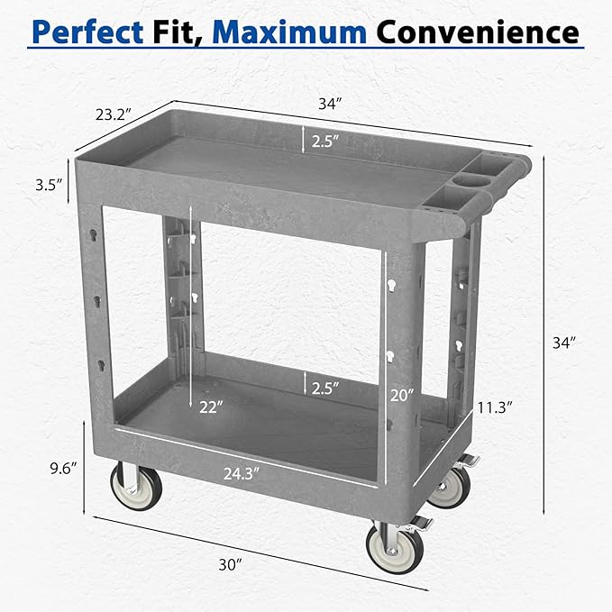 Heavy Duty Rolling Utility Cart with Wheels 2-Tier Utility Plastic Service Work Cart for Shop, Garage, Warehouse, Maintenance 550 lbs