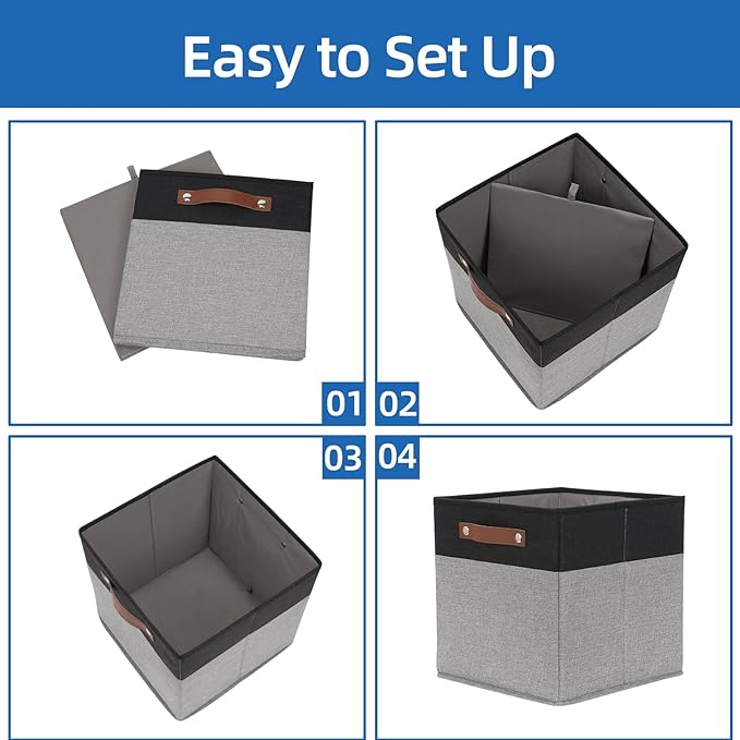 Temary Fabric Cube Storage Bins 12 Inch Decorative Storage Cubes Baskets 4 Pack Foldable Cube Storage Bins for Closet, Shelves (Black&Grey)